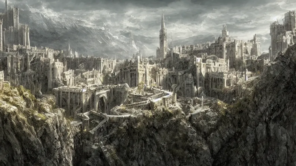 prompthunt: the white city of minas tirith in gondor, middle - earth, by  alan lee, michal karcz, smooth details, lord of the rings, game of thrones,  smooth, detailed terrain, oil painting, trending