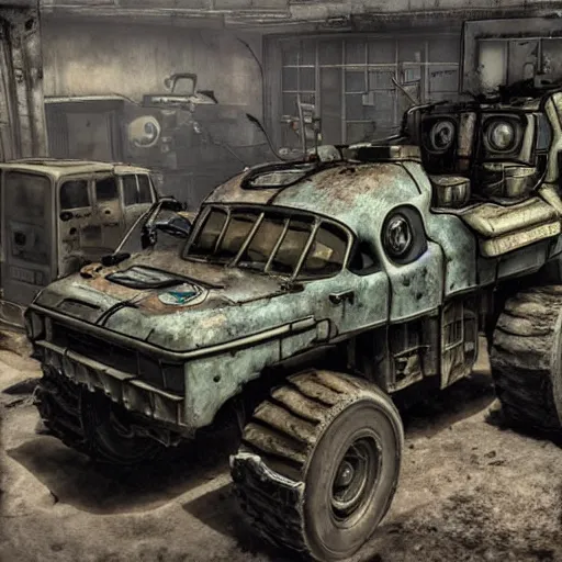 Image similar to a post-apocalyptic APC in the style of fallout in the style of mad-max in the style of metro:2033 trending on artstation deviantart Pinterest Photorealistic HD 8k highlights and shadow detailed High Resolution