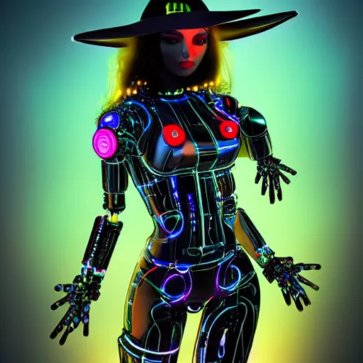 Image similar to detailed portrait cyberpunk robotic cybergirl with witch hat on flying cyberbroom in night city at giant japanese neon label 4 k, digital art