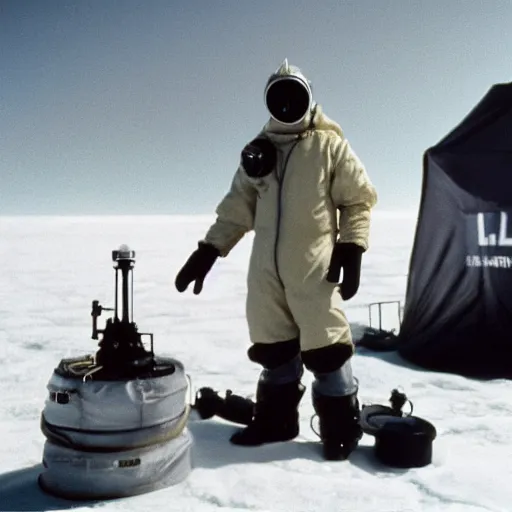 Prompt: a man wearing a hazmat suit and gasmask, in antarctica, film still, arriflex 3 5