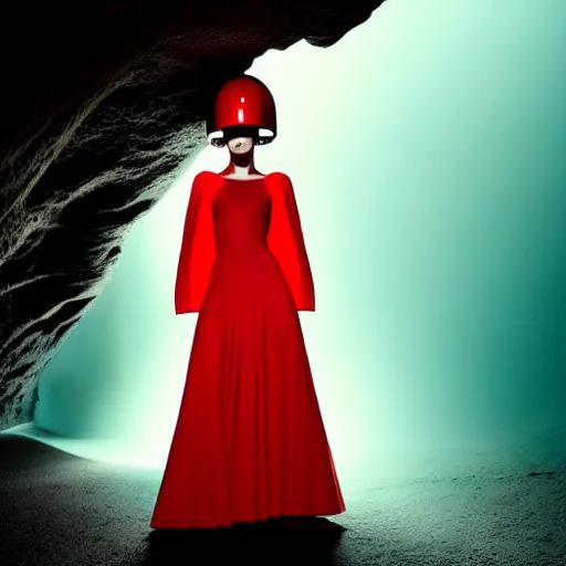 Image similar to female fashion model in year 3000 in a cave, model wearing a surreal Avant-garde helmet in red, dramatic lighting,photography , official Versace editorial , highly detailed