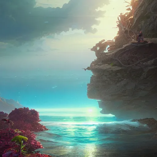 Image similar to epic view to sea with platforms, stephen bliss, unreal engine, fantasy art by greg rutkowski, loish, rhads, ferdinand knab, makoto shinkai and lois van baarle, ilya kuvshinov, rossdraws, tom bagshaw, alphonse mucha, global illumination, radiant light, detailed and intricate environment