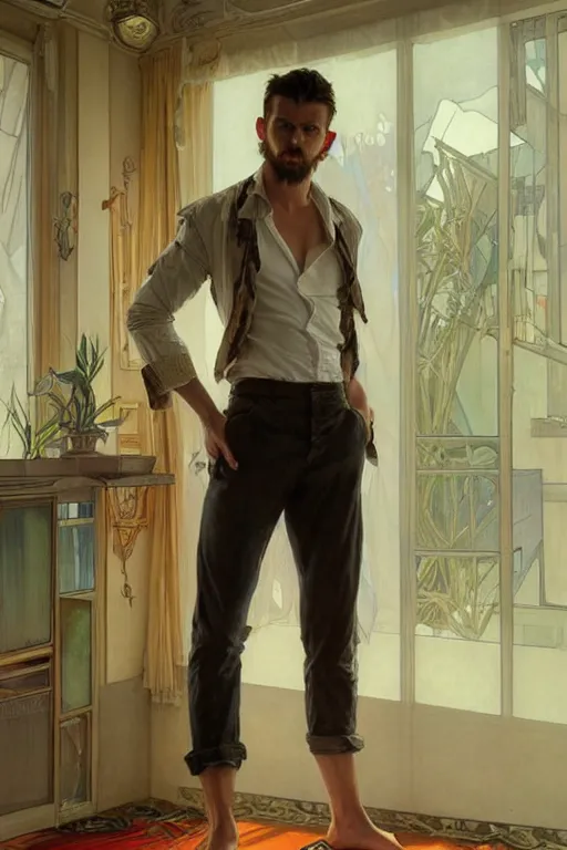 Image similar to full body portrait of a single beautiful young fit man, modern haircut, open shirt, large pants, bare feet, by greg rutkowski and alphonse mucha, d & d character, in front of a modern room background, highly detailed portrait, digital painting, artstation, concept art, smooth, sharp focus ilustration, artstation hq