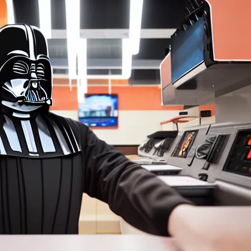 Image similar to darth vador working at dunkin donuts , 8k cinematic lighting, very sharp detail, anatomically correct