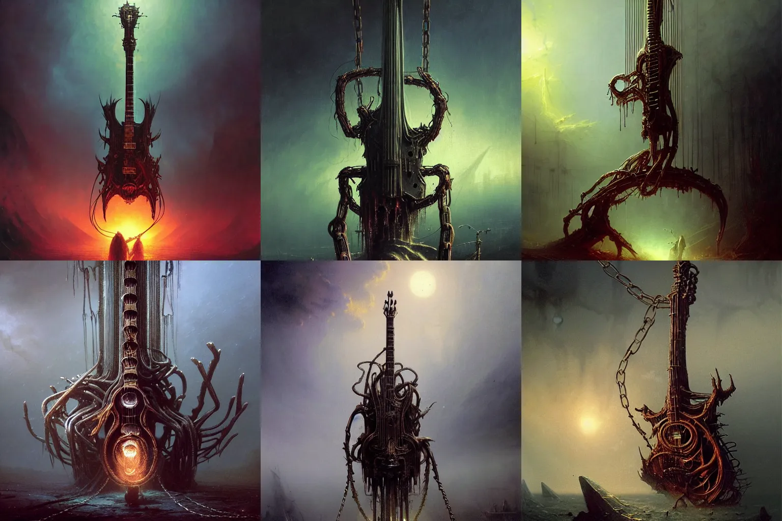 Prompt: a heavy metal music album cover of an upright alien electric guitar with its strings shaped as metallic rusted chains, in a creepy lucid environment by greg rutkowski ivan aivazovsky, hr giger ,cinematic dramatic lighting, uncropped, no frame, no text