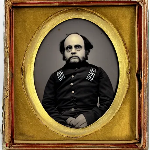 Prompt: 1862 portrait photograph, Danny DeVito in a Confederate general's uniform