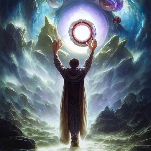 Image similar to the creator of worlds wearing a cloak and holding a holographic planet projection in his hand, detailed, sci - fi, digital painting, artstation, sharp focus, illustration, ominous, artgerm, tomasz alen kopera, peter mohrbacher, donato giancola, joseph christian leyendecker, wlop, frank frazetta