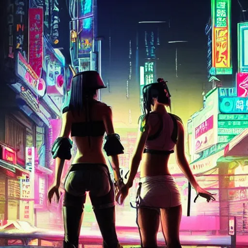 Prompt: two 2 beautiful female samurai, with straw hat, cyberpunk 2077, city background, rainy night, neon glow concept art, sharp focus, intricate, digital painting, artstation, official media, anime key visual, highly detailed, rich vivid colors ambient lighting, illustration, art by Artgerm, Makoto Shinkai, Ilya Kuvshinov, Lois Van Baarle and Rossdraws