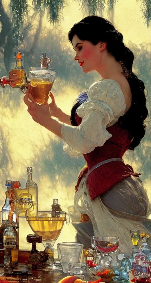 Prompt: close up of snow white pouring a drink, sun shining, photo realistic illustration by greg rutkowski, thomas kindkade, alphonse mucha, loish, norman rockwell.