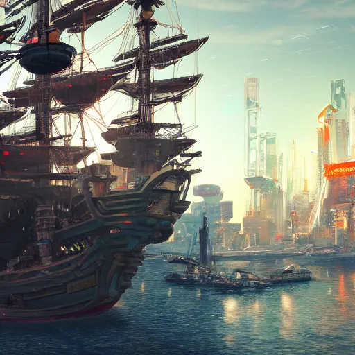 Image similar to high quality photo of a pirate ship in a cyberpunk cyberpunk cyberpunk city, realism, 8k, award winning photo