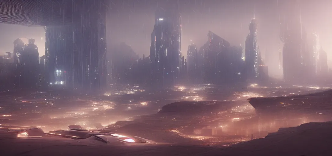 Image similar to view from the desert ground fire night stars of futuristic mechanical blade runner cyberpunk architecture, light rays, symmetry, cinematic lighting, ultra detailed, sharp, ambient occlusion, bloom, raytracing, by greg rutowski, paul chadeisson and jessica rossier