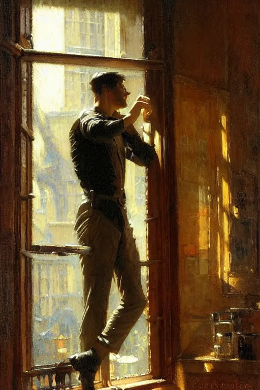 Image similar to irresistible man staring through a window, rainy day cafe painting by gaston bussiere, craig mullins, j. c. leyendecker