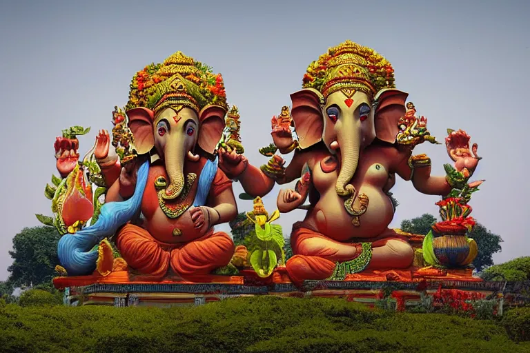 Prompt: high quality 3 d dreamscape! biomorphic ganesha head building in the middle of serene country setting!!, kalighat highly detailed, cinematic smooth, stephen shore & john j. park, soft morning light, wide shot, high angle, uhd 8 k, deep focus