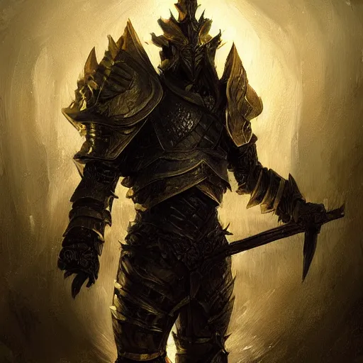 Image similar to anthropomorphic dragon warrior stands tall wearing black and gold plate armor, oil painting, Tooth Wu, Greg Rutkowski, RPG, dynamic lighting, fantasy art, High contrast, depth of field, landscape, scenery