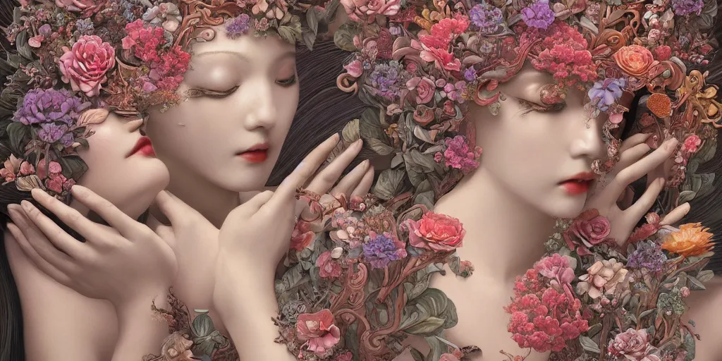 Image similar to breathtaking detailed concept art painting art deco pattern of gaea faces goddesses amalgamation flowers, by hsiao - ron cheng, bizarre compositions, exquisite detail, extremely moody lighting, 8 k