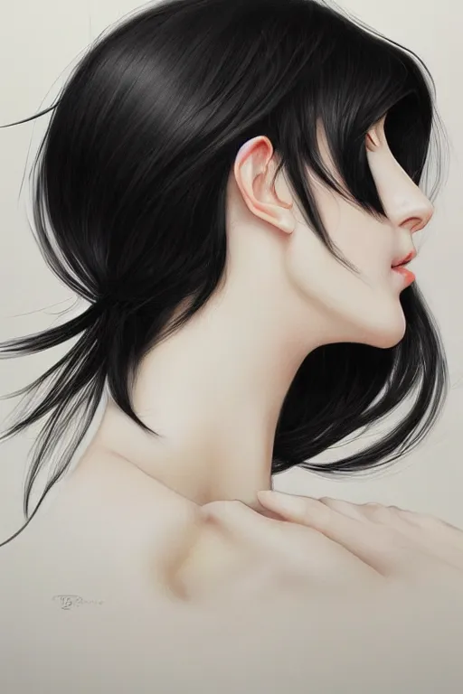 Image similar to sideview of a beautiful black haired pale woman, by artgerm, by studio trigger, by wlop, realistic, soft light, warm colors