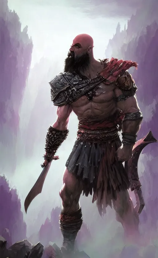 Prompt: a beautiful artwork illustration, concept art sketch of kratos in purple armor, volumetric fog, godrays, high contrast, high contrast, high contrast, vibrant colors, vivid colors, high saturation, by Greg Rutkowski and Jesper Ejsing and Raymond Swanland and alena aenami, featured on artstation, wide angle, vertical orientation