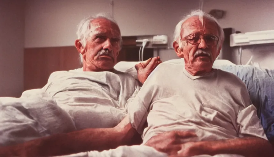 Image similar to 7 0 s movie still of a old man with a spiral in the chest in the hospital, cinestill 8 0 0 t 3 5 mm eastmancolor, heavy grain, high quality, high detail