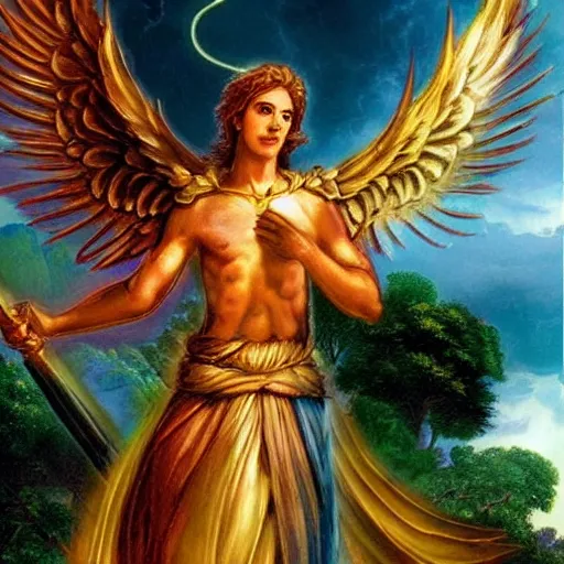 Image similar to an awe inspiring photo of a biblically accurate seraphim, holding a giant, rotatingz flaming sword, guarding the entrance to garden of eden.