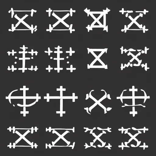 Image similar to a preview of a font consisting only out of crosses, simple cross like symbols, windings, vector,