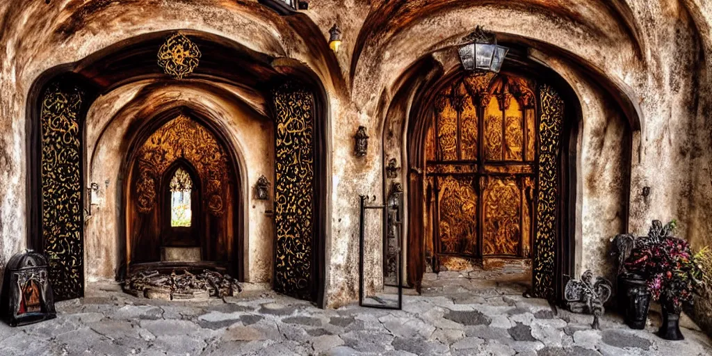 Prompt: magical entrance to monastery, metal, ornaments, castle, church, horror