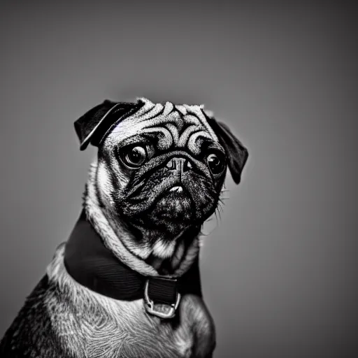 Prompt: portrait of a pug as a military man, dark background, studio light, hdr, nikon 2 4 mm f / 1. 8 g, by flor garduno