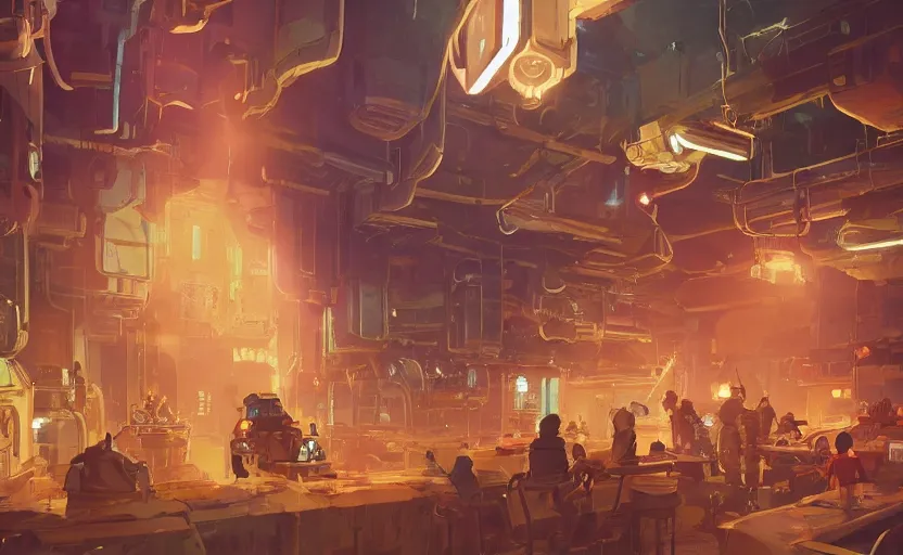 Image similar to a bounty hunter bar in a space opera studio ghibli animated film, global illumination, beautiful composition, volumetric lighting, octane render by alena aenami, highly detailed