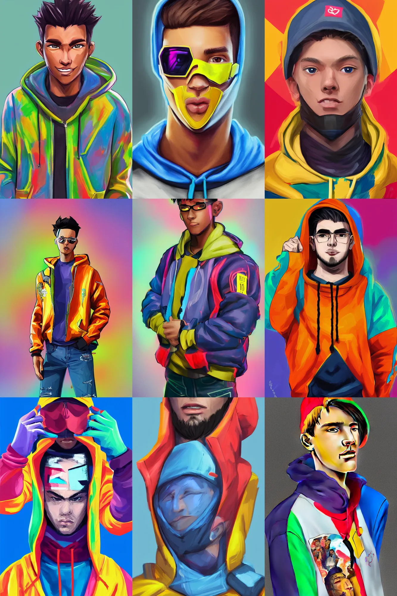 Prompt: a full body sharp focus realistic portrait digital painting of a single young man dressed in 90s street clothing and a bright hoodie with face and body clearly visible, fornite, overwatch, valorant, high quality, happy mood, artstation trending, vibrant colours, no crop, no helmet, entire character, blank background, face visible, SFW,