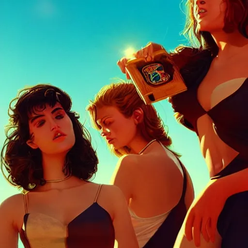 Prompt: girls in the sun, artstation, digital art, realistic, pretty, award wining, 80's, high detail, tarantino poster style, 4K, beautiful
