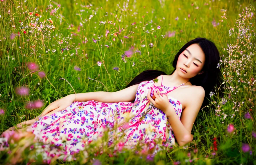 Image similar to a beautiful young Asian woman lying in a field of wildflowers, wearing a sun dress, portrait, dreamy, cinematic, depth of field, glow