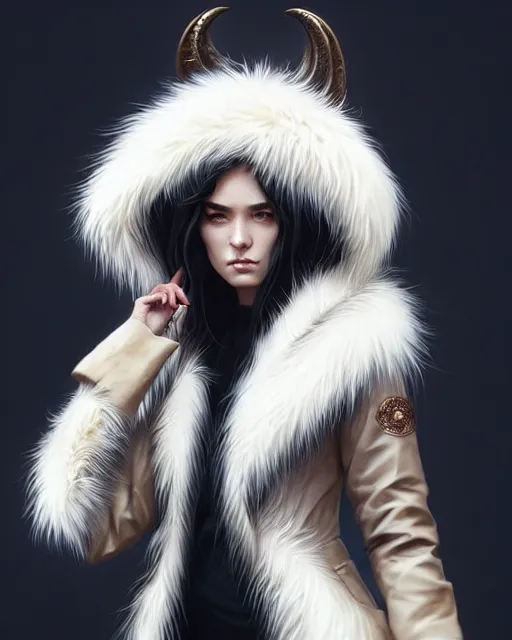 Image similar to fur - lined dragonhide jacket!!! beautiful and elegant female!! gorgeous ayes!! character concept art, sharp focus, illustration, artgerm!! greg rutkowski! wlop!! ilya kuvshinov!! marc brunet!! octane render! unreal engine 5! highly rendered!! trending on artstation!! cgi vfx!