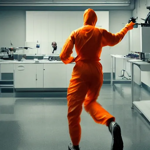 Prompt: a man in an orange jumpsuit running in a laboratory,digital art,ultra realistic,ultra detailed,art by greg rutkowski