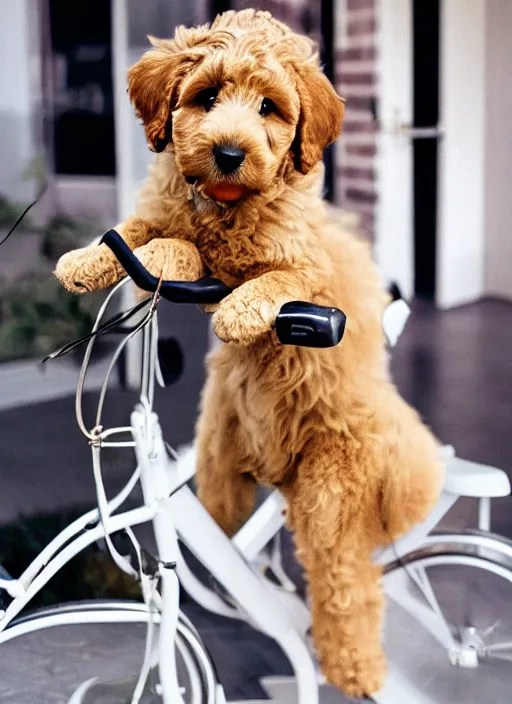 Image similar to digital art, golden doodle puppy, riding a stationary bike, cute, artistic, fuji 8 0 0 film