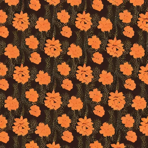 Image similar to repeating fabric pattern, minimalistic, miniature tiny orange and peach color flowers, brown vines and leaves