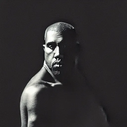 Prompt: a ( ( ( ( ( ( chiaroscuro lighting portrait ) ) ) ) ) ) of kanye west dressed as rick owens, black background, portrait by julia margaret cameron, shallow depth of field, 8 0 mm, f 1. 8