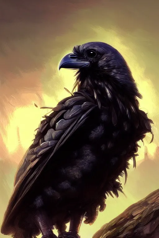 Image similar to clear portrait of a baby raven, cottagecore!!, background hyper detailed, character concept, full body, dynamic pose, glowing lights!! intricate, elegant, highly detailed, digital painting, artstation, concept art, smooth, sharp focus, illustration, art by artgerm and greg rutkowski and alphonse mucha