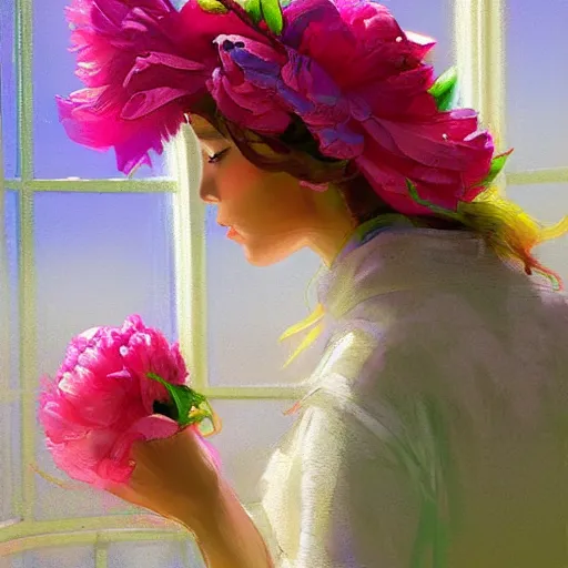 Image similar to a girl in a hat with a bouquet of peonies looks out the window at a blooming garden, vivid color, highly detailed, cyberpunk, digital painting, artstation, concept art, matte, sharp focus, art by vrubel