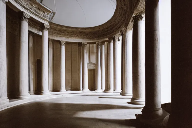 Prompt: film still of Washington DC neo-classical building in the style of a ancient roman ruin, cinestill 800t 35mm full-HD