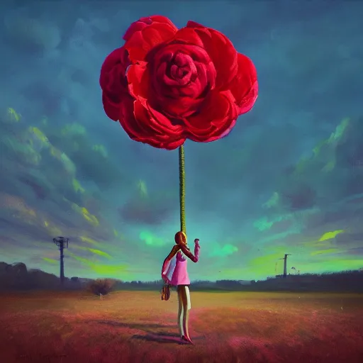 Image similar to closeup, giant rose flower head, frontal, girl in a suit, surreal photography, sunrise, blue sky, dramatic light, impressionist painting, digital painting, artstation, simon stalenhag