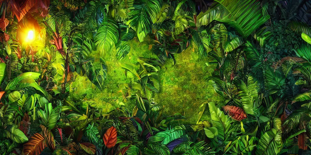 Prompt: Amazonian jungle night scene with tropical plants and leaves falling from tree and a rectangular colorful neon tube in the form of a rectangle placed in the exact center , unreal 5, hyperrealistic, realistic, photorealistic, dynamic lighting, highly detailed, cinematic landscape, studio landscape, studio lighting