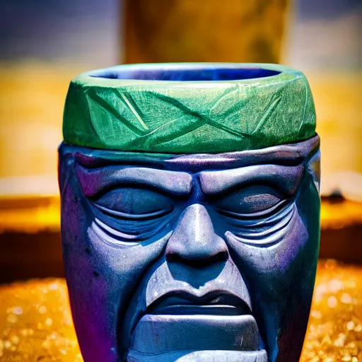 Image similar to a closeup photorealistic photograph of a thanos style tiki mug sitting at a trader vic's beach bar featuring the face of thanos. tiki party. bright scene. fine detail. this 4 k hd image is trending on artstation, featured on behance, well - rendered, extra crisp, features intricate detail, epic composition and the style of unreal engine.