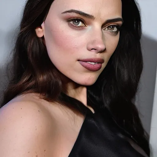 Image similar to a woman who is a genetic combination of kim kardashian and kat dennings and scarlett johansson and margot robbie and emma watson, face and upper - body focus, detailed eyes