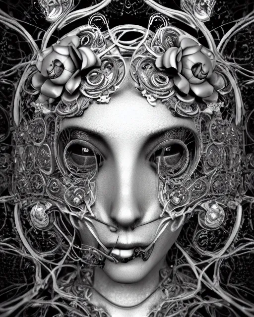 Image similar to mythical dreamy black and white organic bio-mechanical spinal ribbed profile face portrait detail of translucent steampunk beautiful siamese females angelic-human-queen-vegetal-cyborg, highly detailed, intricate trnaslucent ivy jelly ornate, poetic, translucent roses ornate, 3D render, digital art, octane render, 8K artistic photography, photo-realistic, by Dora Maar