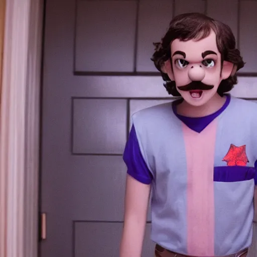 Image similar to a film still of waluigi in stranger things