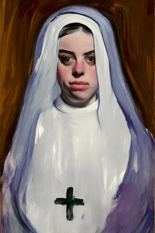 Image similar to Billie Eilish as a nun, painted by Robert Henri