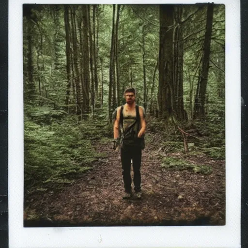 Image similar to a polaroid picture of a hiker in a forest before he went missing there is a wendigo hiding in the background,