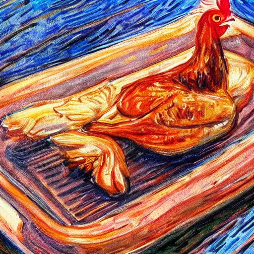 Prompt: painting of a chicken made of chicken wings on a raft, realistic, stylized, artstation, edward munch