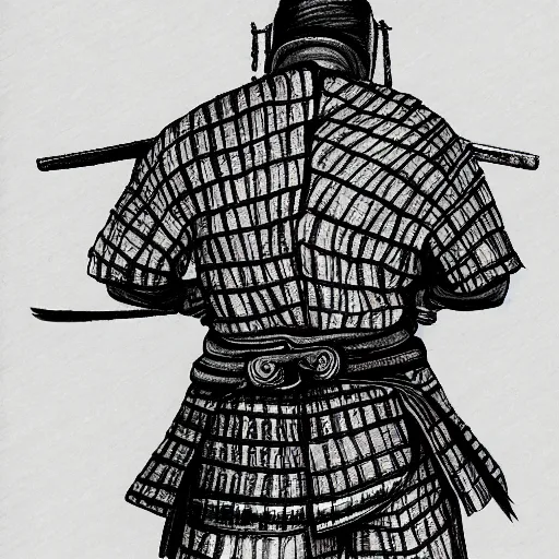 Prompt: entire body portrait from behind samurai that holds chain art inkstyle brush ink traditional sketch