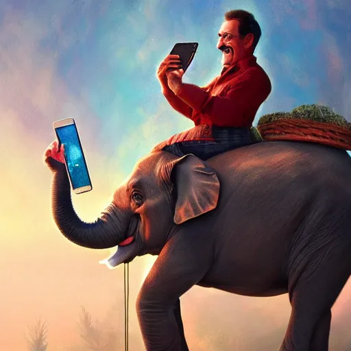 Image similar to Paul chuckle taking a selfie while riding an elephant, fantasy painting, soft lighting, artstation, 4k