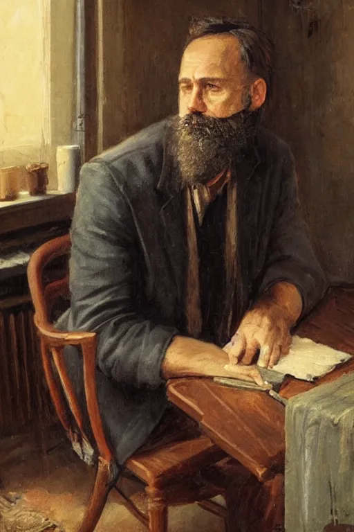 Image similar to portrait of a middle - aged writer with a beard, he is sitting on a chair, he is smoking a cigarette, style of greg rutkowski